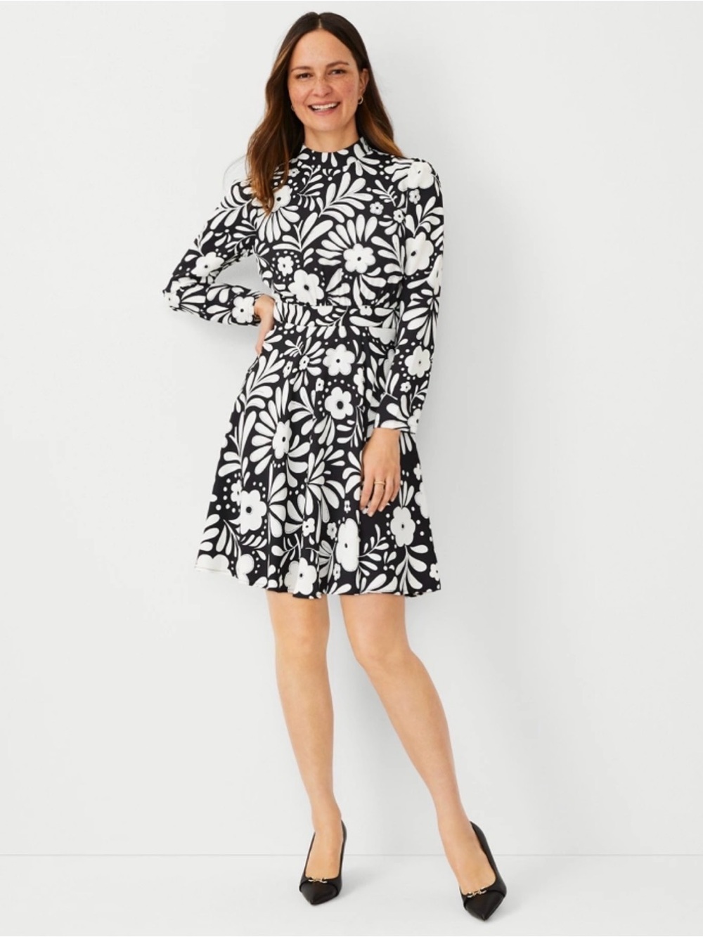Ann Taylor Black & White Floral Long-Sleeve Fit-and-Flare Dress